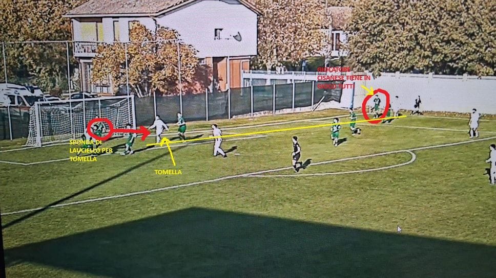 Il fotogramma-moviola del gol annullato a Tomella