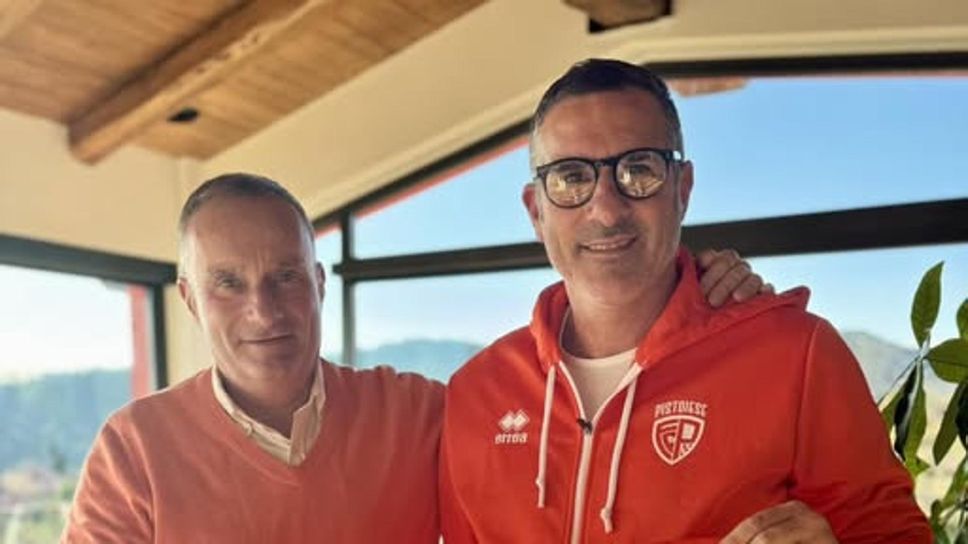 Il presidente della Pistoiese Sergio Iorio con il nuovo tecnico Cristiano Lucarelli (foto ufficiale della Pistoiese)
