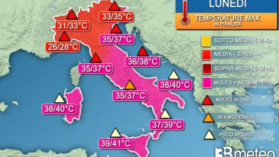 Le temperature massime attese lunedì prossimo secondo 3Bmeteo