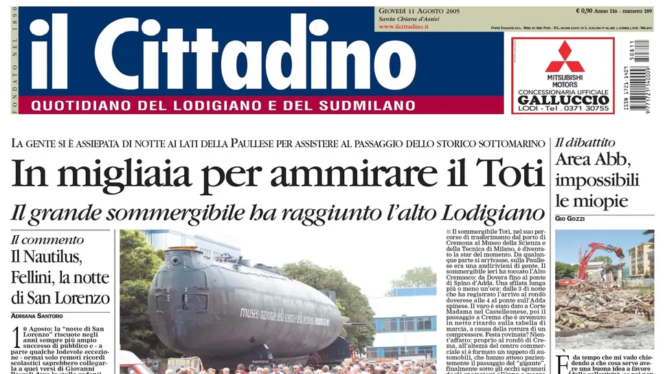 La prima pagina del Cittadino al passaggio del sottomarino Enrico Toti nell’Alto Lodigiano La prima pagina del Cittadino al passaggio del sottomarino Enrico Toti nell’Alto Lodigiano