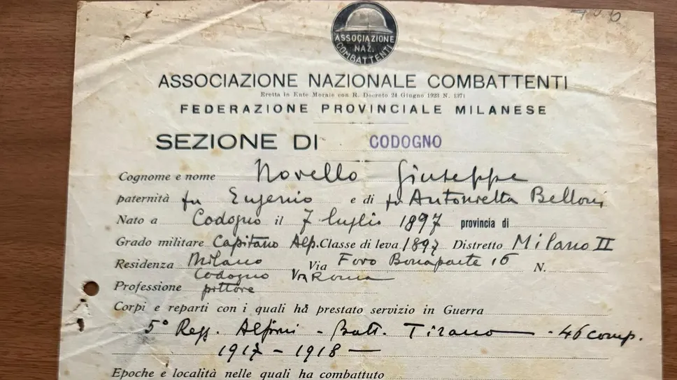 Tra le 1500 schede dei soci dell’Associa-zione nazionale combattenti e reduci di Codogno anche quella del pittore e illustratore Giuseppe Novello