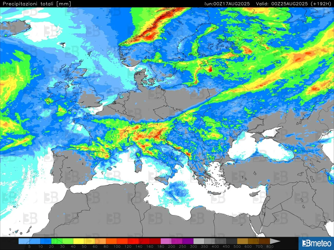 L’accumulo di precipitazioni giovedì prossimo secondo 3Bmeteo.com