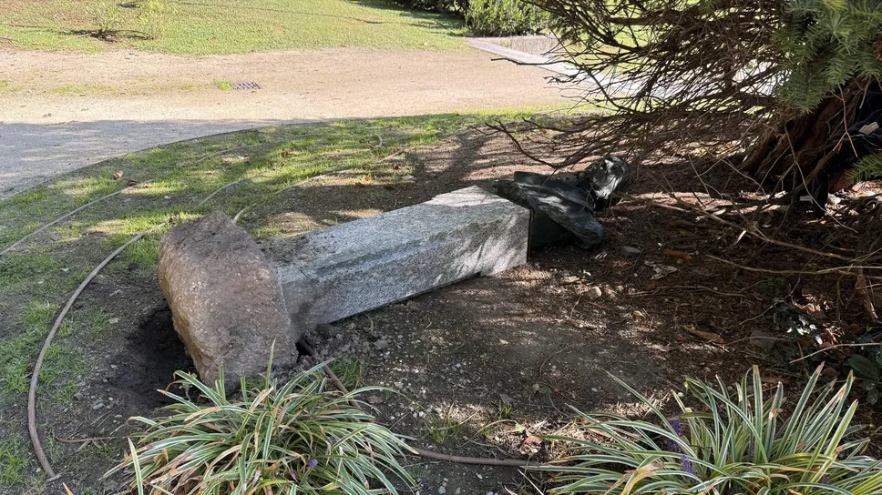 Il cippo con il busto di Agostino Bassi abbattuto nelle scorse ore (Mungiello) Il cippo con il busto di Agostino Bassi abbattuto nelle scorse ore (Mungiello)