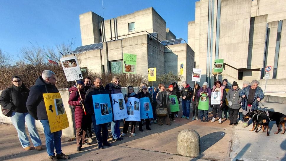 Proprietari di animali a sostegno della loro veterinaria ieri davanti al palazzo di giustizia di Lodi