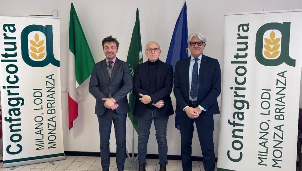 Il direttore generale di Confagricoltura Luciano Nieto con Gianpaolo Pedrazzini e Roberto Stracchi di Bcc Lodi
