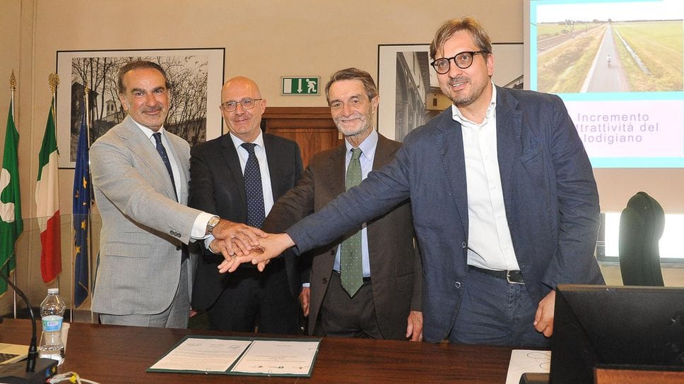Fabrizio Santantonio, Vittorio Boselli, Attilio Fontana e Guido Guidesi a Lodi nel giugno 2025