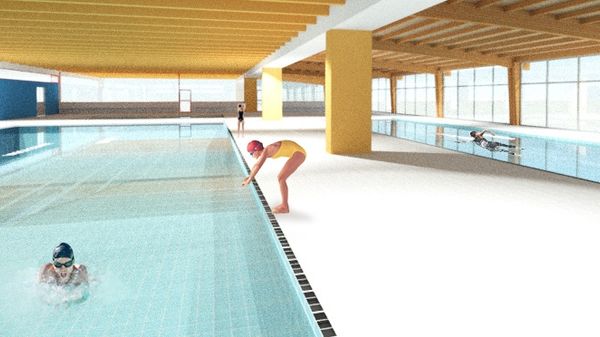 Qui sopra, il sindaco di Melegnano Vito Bellomo; in alto, il rendering della piscina di piazza Bianchi a Melegnano