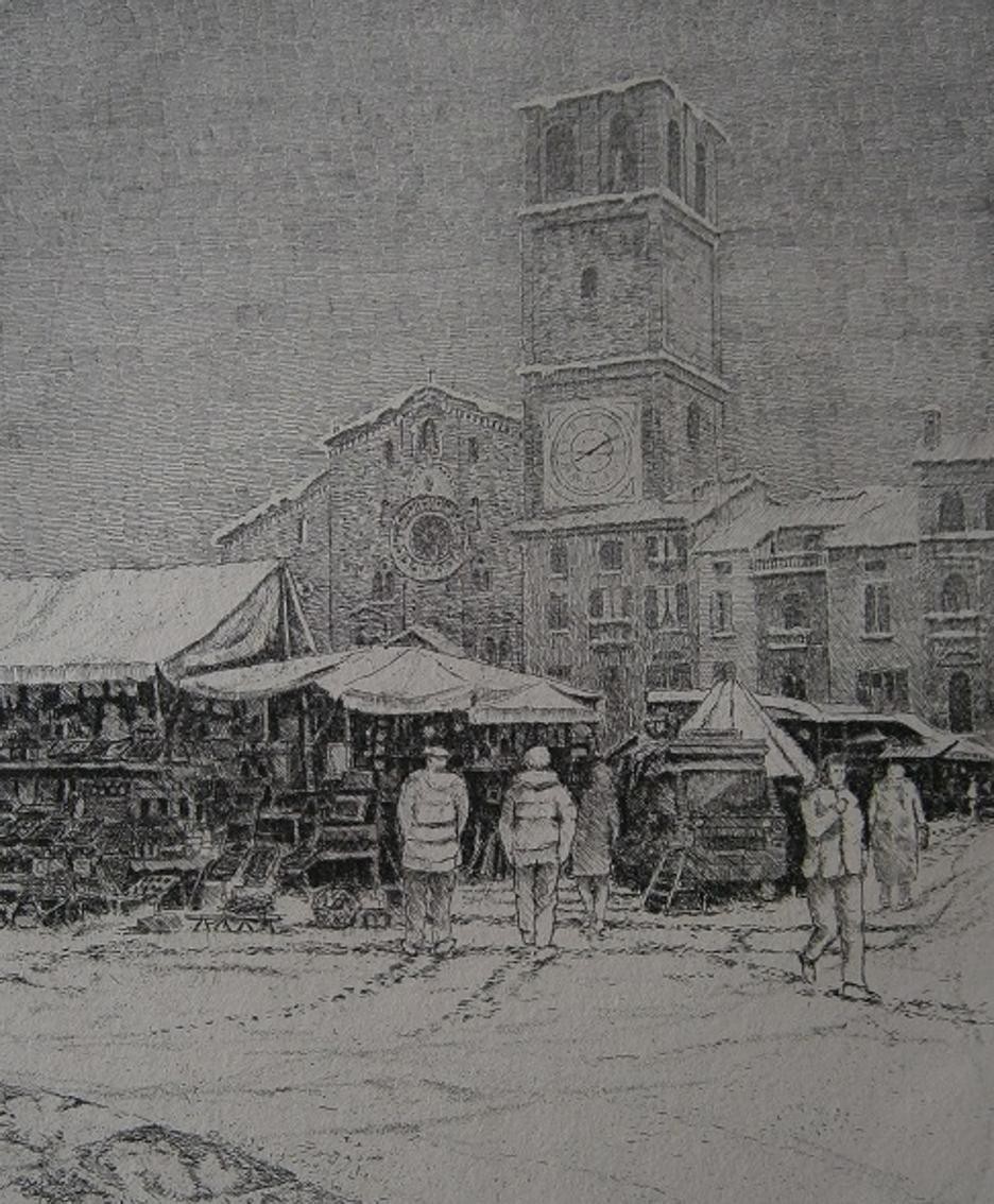 Neve e mercato in piazza della Vittoria a Lodi