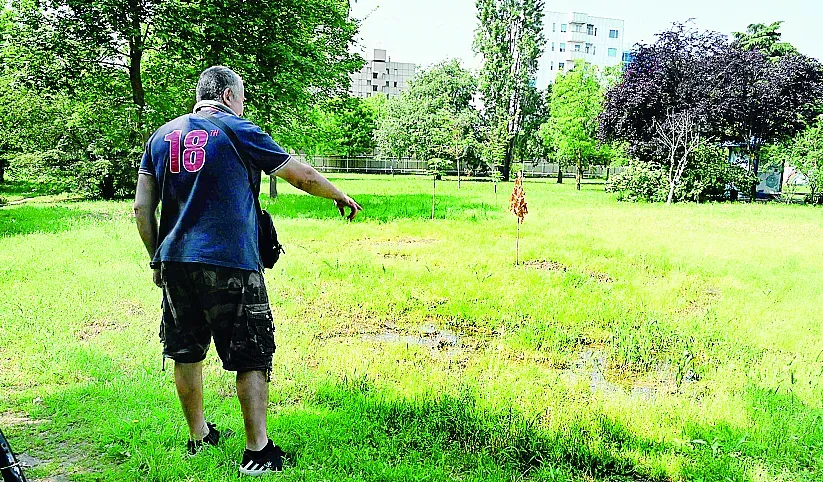 Un residente che indica le pozze d’acqua in via Tortini a San Fereolo Un residente che indica le pozze d’acqua in via Tortini a San Fereolo